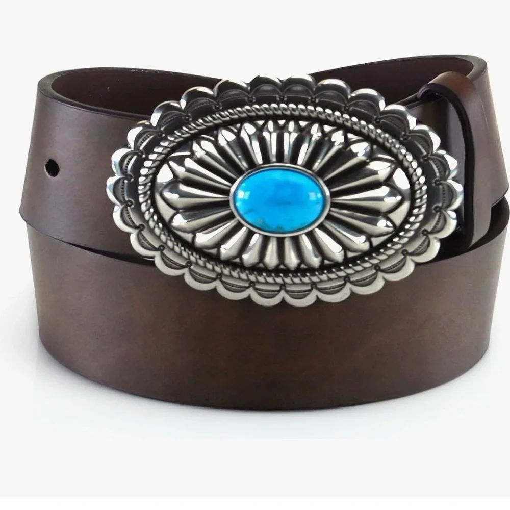 NVW ARIAT Women's Basic Brown Strap Tirqouise Buckle Belt - Picture 1 of 6